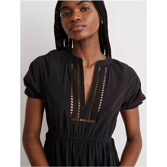 Madewell Black Poplin Tired Maxi Dress Embroidered Puff Sleeve Sz XXS - Picture 5 of 8
